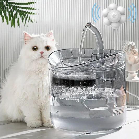 Chat assis sur une table à côté d’une eau fontaine pour chats - Fresh Hydration
