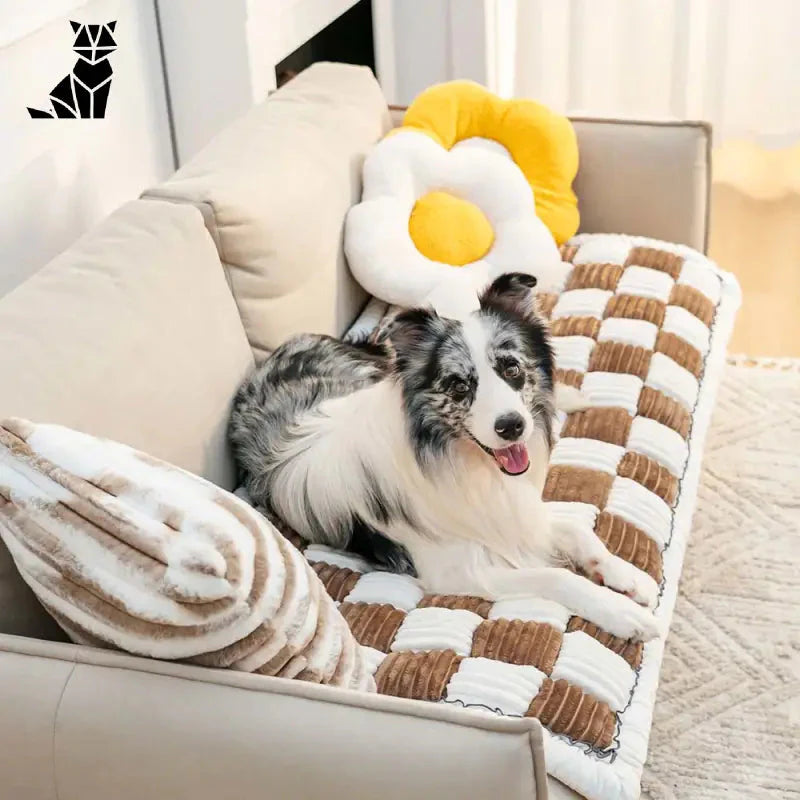 Un chien sur un canapé en carreaux crème avec un animal en peluche, mettant en valeur la housse de canapé à carreaux crème